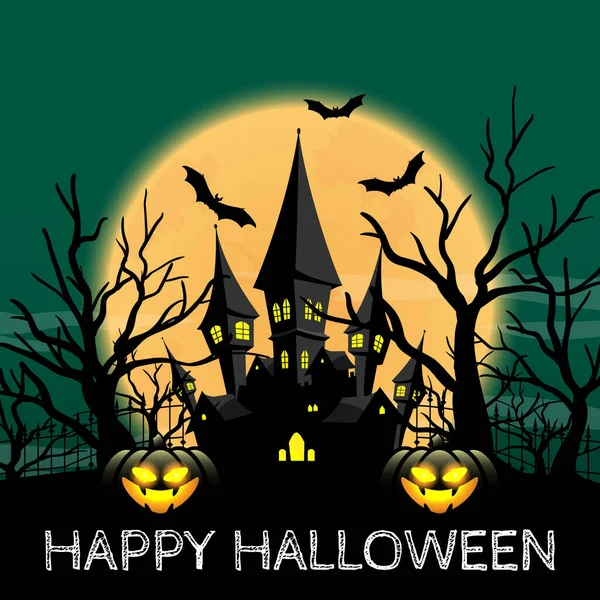 Bosque Espeluznante Halloween Con Haunted House Jack Lantern Luna Llena — Vector de stock