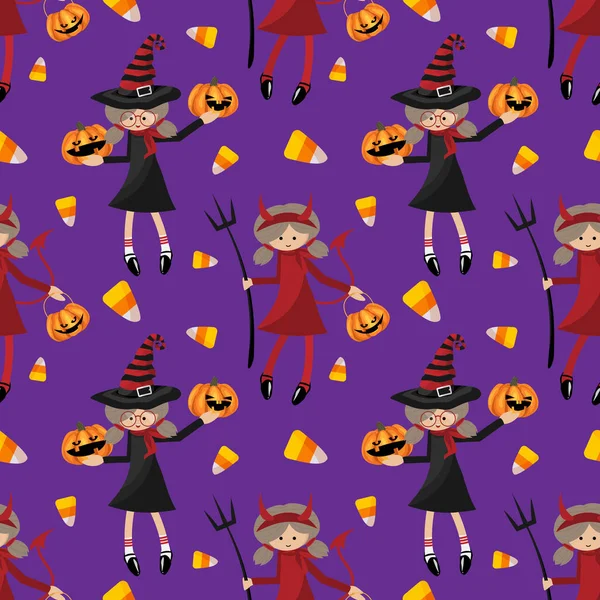 万圣节前夕 穿着魔鬼和巫婆万圣节服装 背景为紫色的南瓜和糖果玉米的可爱女孩完美地穿行在一起 矢量说明 — 图库矢量图片