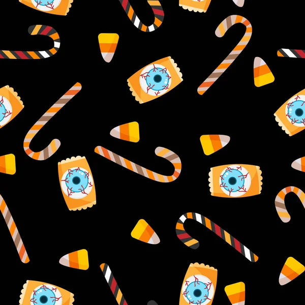 ハロウィンキャンディー黒を背景にアイボール キャンディー杖とキャンディーコーンとハロウィンキャンディーのシームレスなパターン カラフルなハロウィンキャンディーの背景 — ストックベクタ