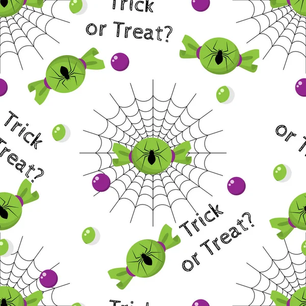 ハロウィンキャンディークモ クモとトリックや白の背景にテキストを扱うハロウィンキャンディーのシームレスなパターン カラフルなハロウィンキャンディーの背景 ベクターイラスト — ストックベクタ