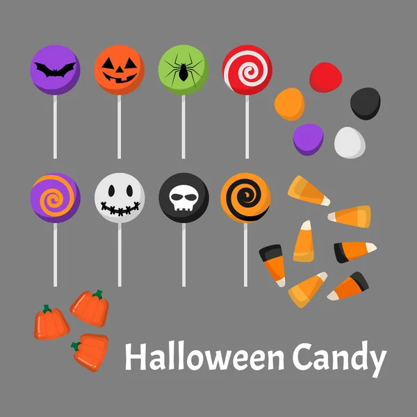 Ensemble Bonbons Halloween Maïs Sucré Bonbons Citrouille Sucette Illustration Vectorielle — Image vectorielle