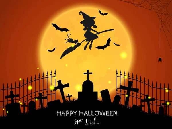 Fondo Halloween Silueta Bruja Volando Con Palo Escoba Con Gato — Vector de stock