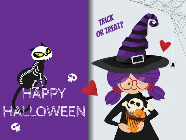 Fondo Halloween Bruja Joven Sosteniendo Cupcake Con Esqueleto Gato Texto — Vector de stock