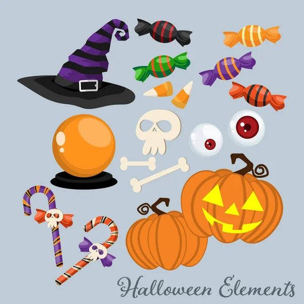 Conjunto Elementos Símbolos Halloween Con Sombrero Brujas Dulces Bola Mágica — Vector de stock