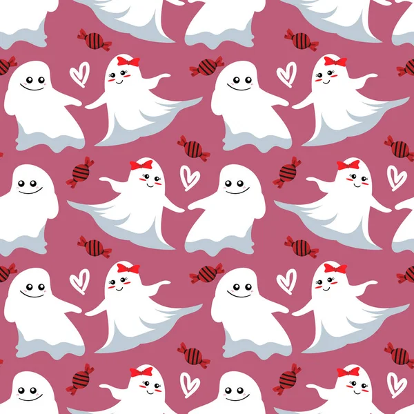 Хэллоуин Безшипный Узор Симпатичными Привидениями Свечой Розовом Фоне Векторная Иллюстрация — стоковый вектор
