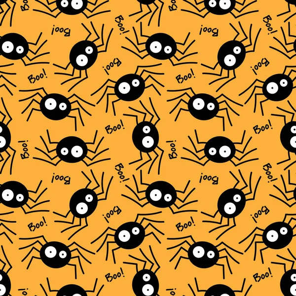 かわいいクモとブーのハロウィンシームレスなパターン 黄色の背景のテキスト ベクターイラスト — ストックベクタ