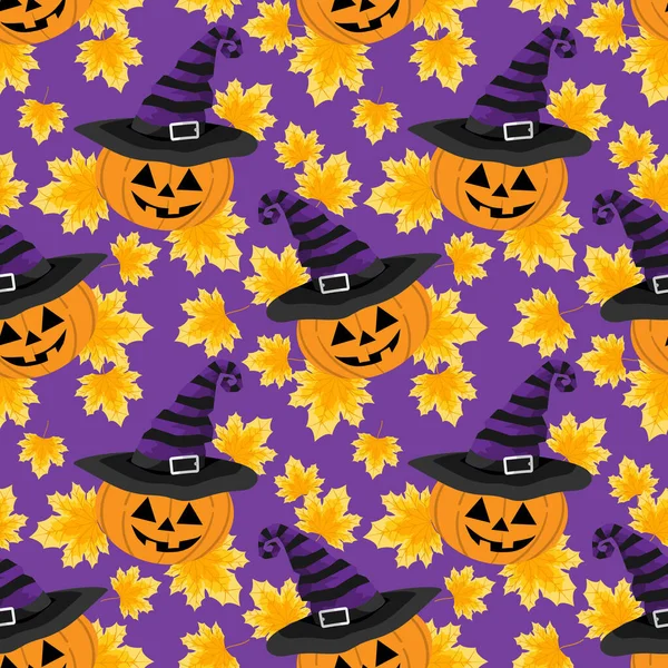 Patrón Sin Costuras Calabazas Halloween Con Sombrero Brujas Con Hojas — Archivo Imágenes Vectoriales