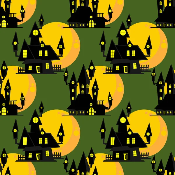 緑の背景に満月とお化け屋敷のハロウィーンのシームレスなパターン ベクターイラスト — ストックベクタ