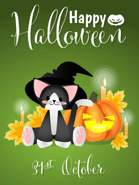 Fondo Halloween Gatito Traje Bruja Con Linterna Calabaza Halloween Hojas — Vector de stock