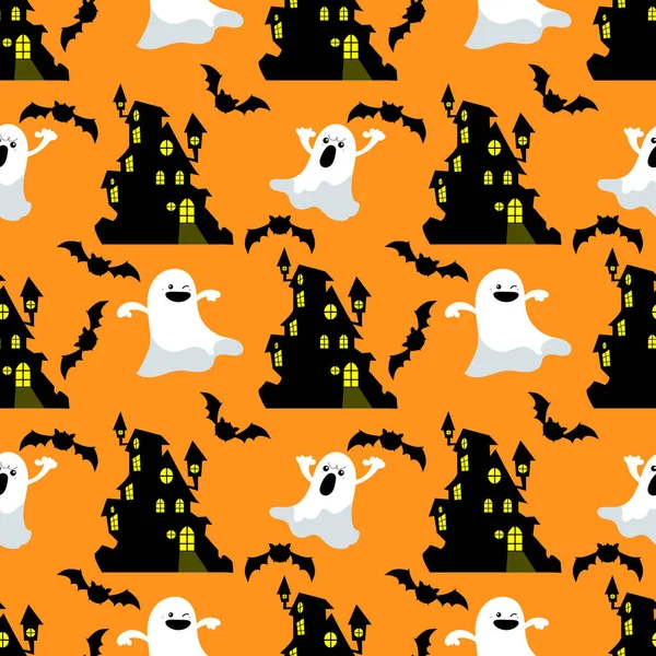 Halloween Nahtlose Muster Von Haunted House Mit Niedlichen Geist Und — Stockvektor