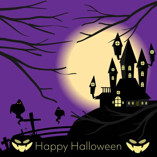 Halloween Hintergrund Von Haunted House Auf Dem Hügel Friedhof Mit — Stockvektor
