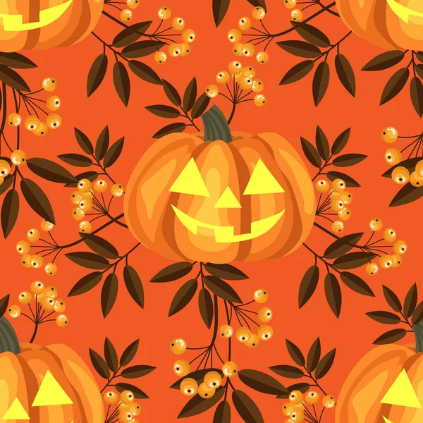 Halloween Naadloos Patroon Van Schattige Halloween Pompoen Met Herfstbladeren Bessen — Stockvector