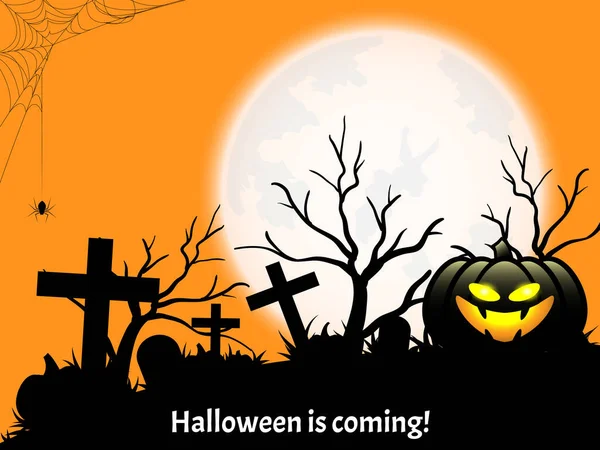 Fondo Halloween Halloween Viene Texto Con Calabaza Halloween Cementerio Araña — Archivo Imágenes Vectoriales