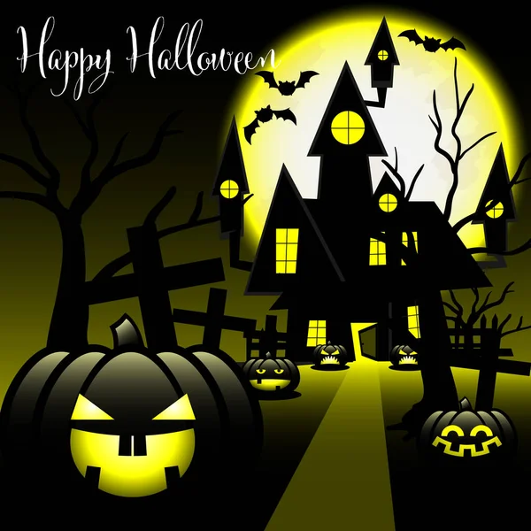 Fondo Halloween Haunted House Cementerio Con Calabaza Halloween Murciélagos Voladores — Vector de stock
