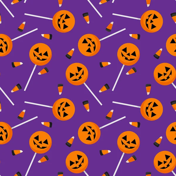 Хэллоуин Безшипный Узор Симпатичным Хэллоуин Леоллипоп Кэнди Кукуруза Фиолетовом Фоне — стоковый вектор