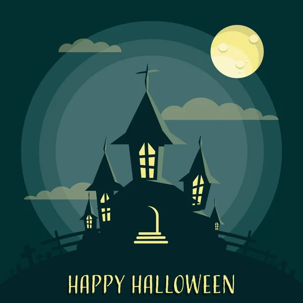 Feliz Halloween Fondo Haunted House Con Cielo Luna Llena Feliz — Vector de stock