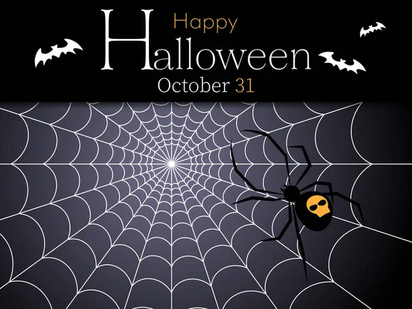 Halloween background of a spider on cobweb and Happy Halloween October 31 text with flying bats on black background. Vector illustration. — Stock Illustration Halloween Background Spider Cobweb Happy Halloween October Text Flying Bats Royalty Free Stock Illustrations