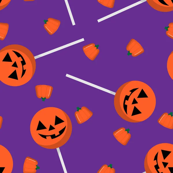 Halloween Candy Bezszwowy Wzór Halloween Lizak Cukierki Dyni Fioletowym Tle — Wektor stockowy