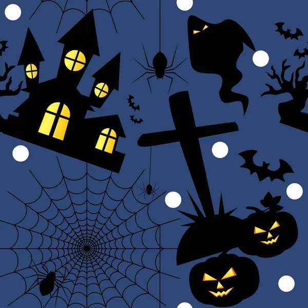 Halloween Padrão Sem Costura Aranha Com Teia Aranha Castelo Morcegos — Vetor de Stock