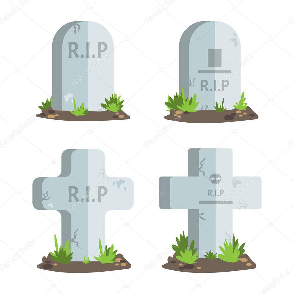 Set of Halloween element of tombstones with R.I.P text on white background. Vector illustration.