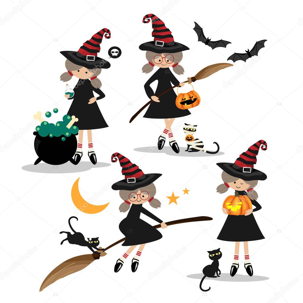 Halloween little witches collection of young witches with broomstick and Halloween bucket, black cat, mummy cat, magic potion pot, flying bats and Halloween pumpkins on white background. Vector illustration.