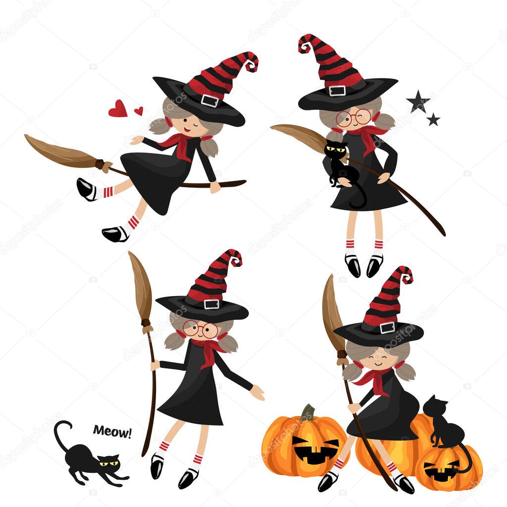 Halloween little witches collection of young witches with broomstick, black cat and Halloween pumpkins on white background. Vector illustration.