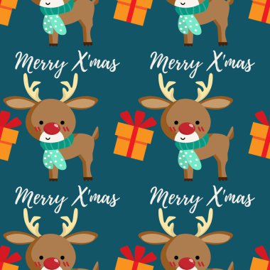 Hediye kutulu yeşil eşarp takan sevimli ren geyiği ve mavi arka planda dikişsiz Mutlu Noeller mesajı deseni. Kış tatilleri çizgi film karakteri. 