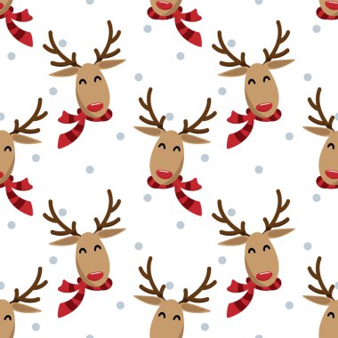 Mutlu ren geyikleri kırmızı eşarp giyer. Beyaz arka planda kar taneleri pürüzsüz desenli. Noel tatilleri çizgi film karakteri tasarımı.