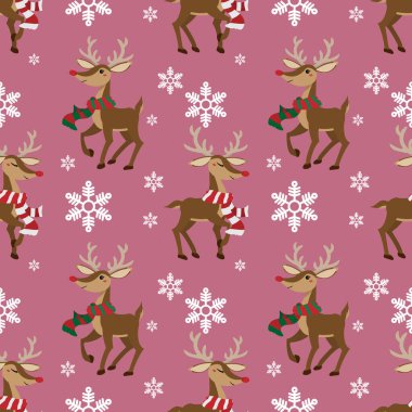 Şirin ren geyikleri renkli eşarp takıyor ve kar taneleri pembe arka planda pürüzsüz desen oluşturuyor. Noel tatilleri çizgi film karakteri tasarımı.