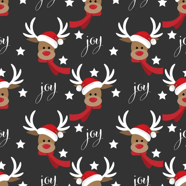 Kırmızı burunlu ren geyiği Noel Baba şapkası takıyor ve kırmızı atkı takıyor. Yıldız ve sevinç dolu.