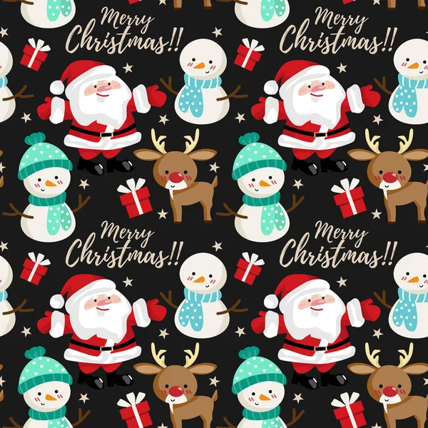 Ren geyikli Noel Baba, şirin kardan adam, hediye kutusu, küçük yıldız ve siyah arka planda kusursuz bir Noel mesajı. Kış tatilleri çizgi film karakteri.