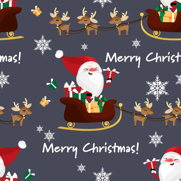 Noel Baba 'nın elinde bir kızak dolusu ren geyiği, kar taneleri ve koyu gri arka planda dikişsiz Mutlu Noeller mesajı olan bir hediye kutusu var. Sevimli Noel tatilleri çizgi film karakteri.