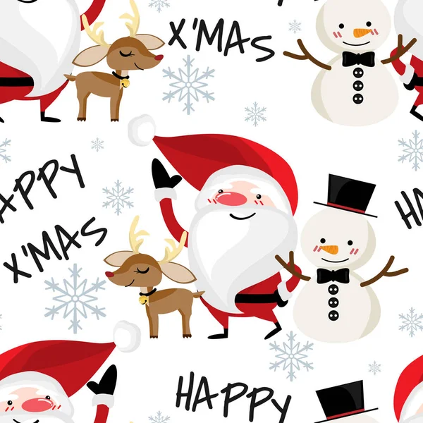 Noel Baba, kardan adam, ren geyiği ve mutlu noeller. Beyaz arka planda, kar taneleriyle kusursuz bir mesaj. Sevimli Noel tatilleri çizgi film karakteri.