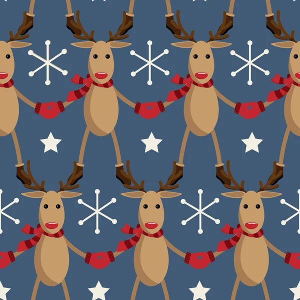 かわいいトナカイは 青い背景に星と雪の結晶シームレスなパターンを持つ赤いスカーフ ブーツを身に着けています クリスマス休暇 漫画キャラクターデザイン — ストックベクタ