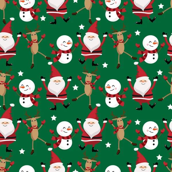 Mutlu Noel Baba ve kardan adam ve ren geyiği kırmızı eşarp, eldivenler ve botlar giyer yeşil arka planda küçük yıldızlı, pürüzsüz desenler. Noel tatilleri çizgi film karakteri tasarımı.