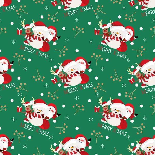 Ren geyikli kardan adam Noel Baba, Noel Baba, kutsal böğürtlenler, kar taneleri ve yeşil arka planda pürüzsüz mesaj desenli Noel Baba şapkası ve kırmızı eşarp taşıyor. Noel tatilleri çizgi film karakteri tasarımı.
