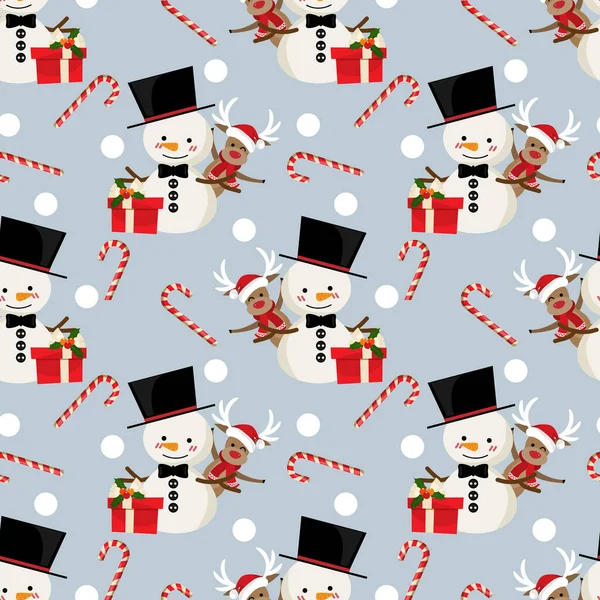 Ren geyikli mutlu kardan adam Noel Baba şapkası ve kırmızı eşarp, hediye kutusu, baston şeker ve gri arka planda pürüzsüz kar taneleri giyer..