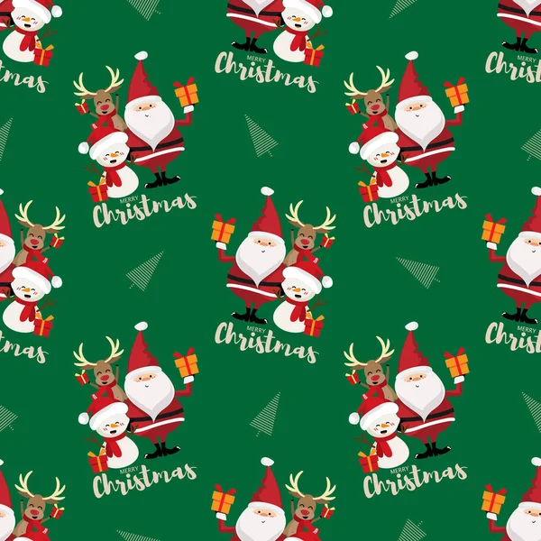 Kardan adam ve ren geyiği olan Noel Baba kırmızı eşarplı Noel Baba şapkası giyer ve hediye kutusu taşır. Mutlu Noeller mesajı ve yeşil arka planda Noel ağacı şekilsiz desen. Tatlı Noel karikatür karakteri.