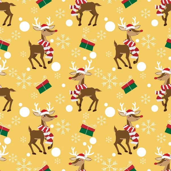 Ren geyikleri Noel Baba şapkası ve eşarp, hediye kutusu ve sarı arka planda kar taneleri giyerler. Tatlı Noel karikatür karakteri.