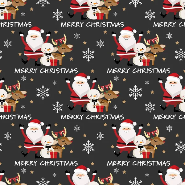Noel Baba, kardan adam, ren geyiği, hediye kutusu, kar taneleri, küçük yıldızlar ve siyah arka planda dikişsiz bir Noel mesajı deseni. Tatlı Noel karikatür karakteri.