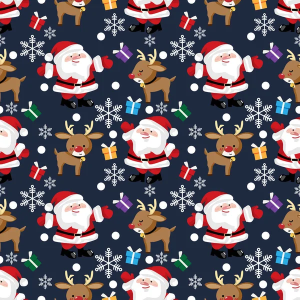 Ren geyikli Noel Baba, renkli hediye kutusu ve koyu mavi arka planda pürüzsüz kar taneleri. Tatlı Noel karikatür karakteri. 
