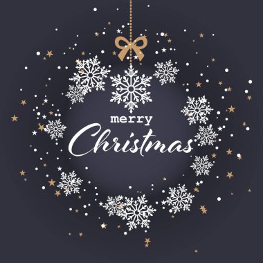 İçinde kar taneleri, küçük yıldızlar ve içinde mutlu noeller olan yuvarlak pullardan oluşan bir Noel balosu kartı koyu gri arka planda altın kurdelelerle asılı..