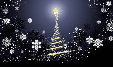 Bulanık, pürüzsüz, parlak dalgalarla Noel arkaplanı koyu mavi arka planda kar taneleri olan soyut Noel ağacı.