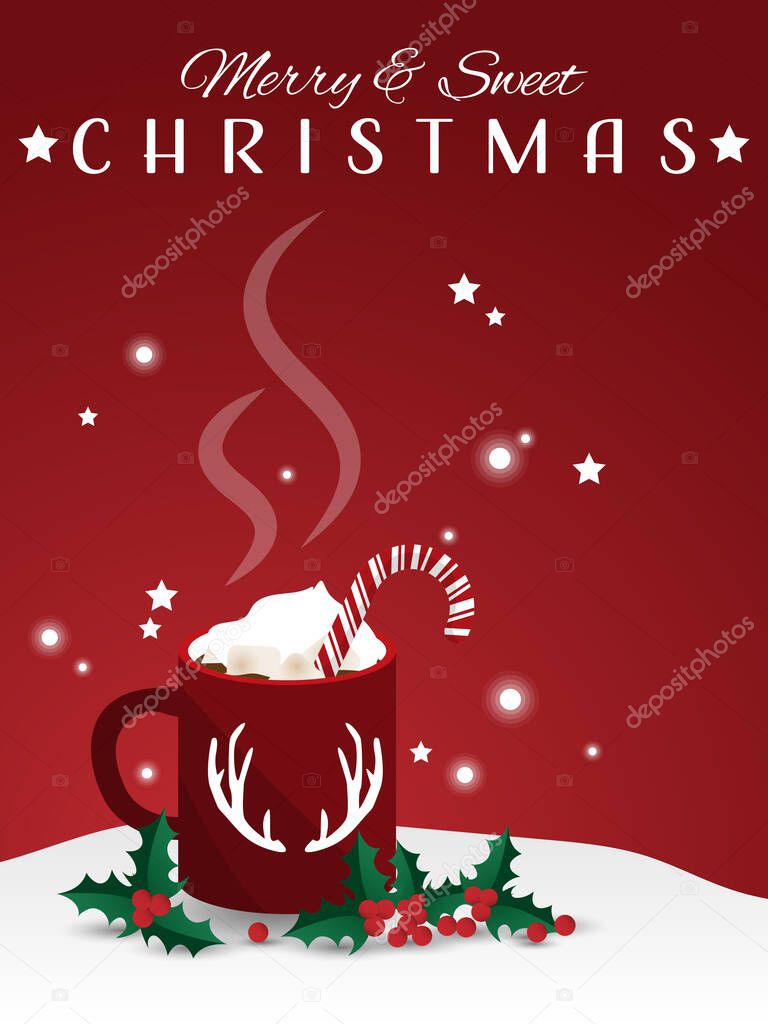 Red mug of hot chocolate with marshmallow, cream and candy canes near branch of holly berries on snow floor and Merry & Sweet Christmas text with star and shining flakes on red background. Design for Xmas and winter holidays season.