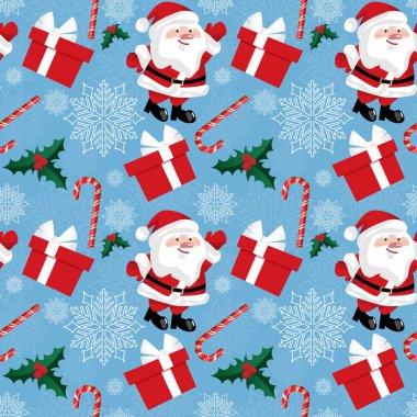 Kar taneli Noel Baba, şeker kamışı, kutsal böğürtlen dalı ve mavi arka planda dikişsiz kırmızı hediye kutusu deseni. Kış tatilleri, kutlama kağıtları vesaire için şirin bir Noel çizgi film karakteri tasarımı. Vektör illüstrasyonu.