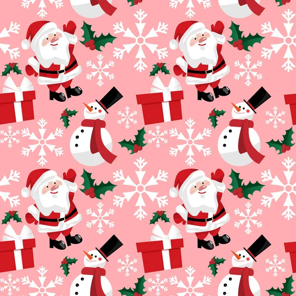 Kar taneli Noel Baba, kardan adam, kutsal böğürtlen dalı ve pembe arka planda kusursuz desenli hediye kutusu. Güzel bir Noel çizgi film karakteri geçmişi var. Kış tatili karşılama sezonu için tasarlandı. Vektör illüstrasyonu.