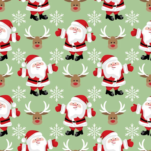 Santa Claus Sněhové Vločky Sobí Bezešvé Vzor Světle Zeleném Pozadí — Stockový vektor