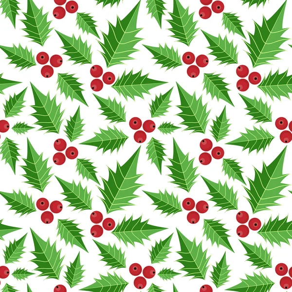Christmas Elements Holly Leaves Berries Ornate Seamless Pattern White Background — Stock Vector