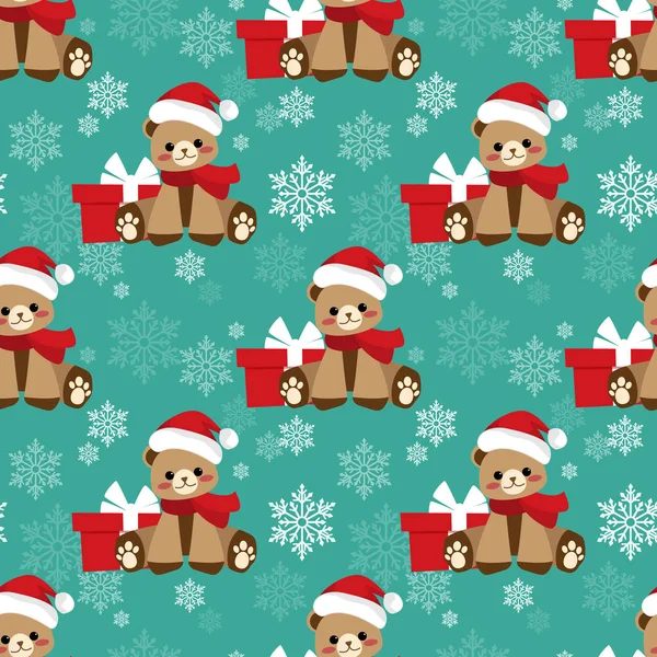 Cute Bear Wear Santa Hat Red Gift Box Snowflakes Seamless — Stock Vector
