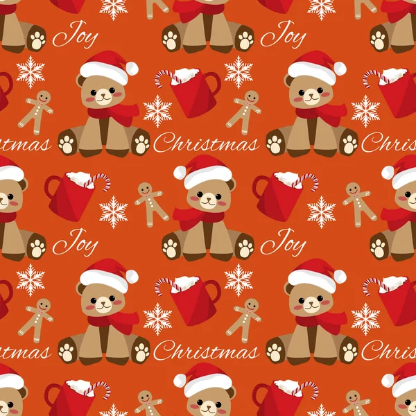 Sevimli ayı Noel Baba şapkası ve kırmızı eşarp takıyor. Kırmızı fincanla Noel kurabiyeleri, kar taneleri ve yılbaşı mesajları. Kağıtları paketlemek için sevimli bir Noel çizgi filmi karakteri. Vektör illüstrasyonu.